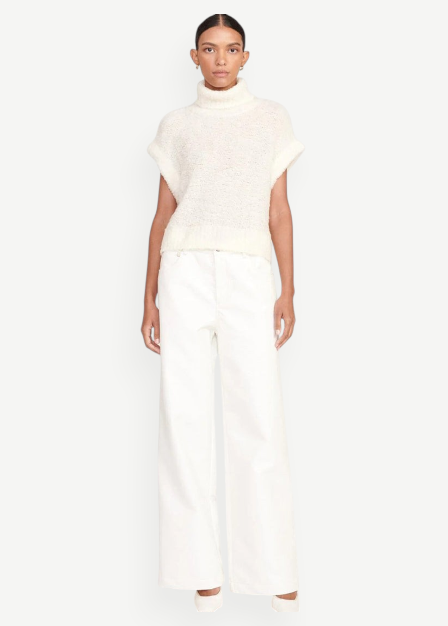 KABE SHOP INC Grayson white wide-leg pants worn by a model with a cream turtleneck sweater