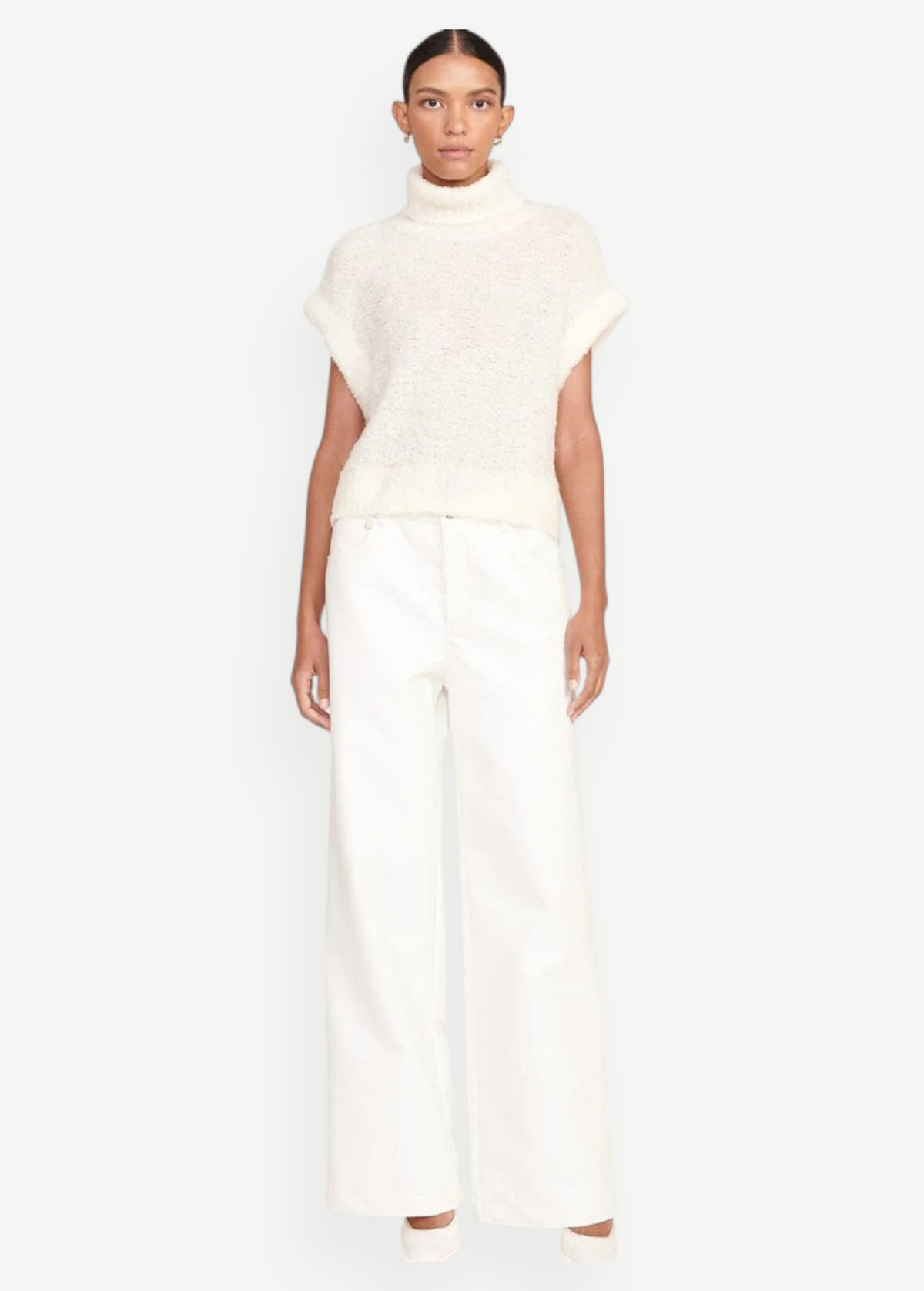 KABE SHOP INC Grayson white wide-leg pants worn by a model with a cream turtleneck sweater