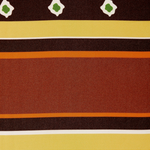 The Cora Shirt features a row of white-bordered green diamonds above horizontal stripes in yellow, dark brown, and orange, finished with a green band at the bottom.