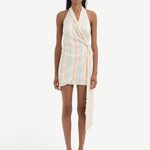 KABE SHOP INC Pernille wrap halter mini dress in striped linen-viscose with frayed edges and exaggerated tie detail.
