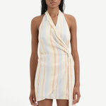 KABE SHOP INC Pernille wrap halter mini dress in cream with blue and orange stripes, featuring frayed edge details.