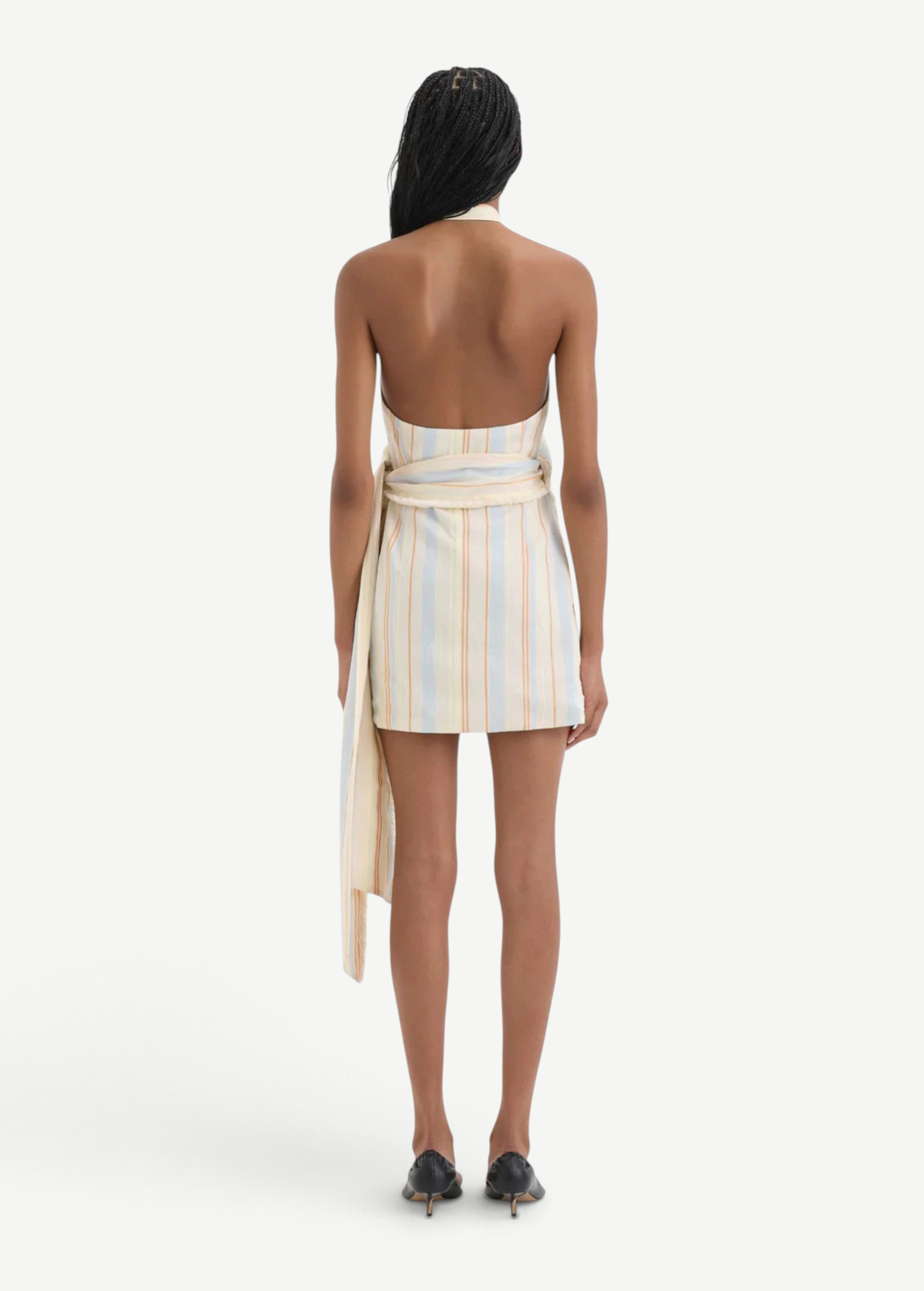 Back view of KABE SHOP INC Pernille wrap halter mini dress in striped linen-viscose with an exaggerated waist tie.