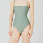 KABE SHOP INC Lola one-piece swimsuit in sage green with a square neckline and thin spaghetti straps