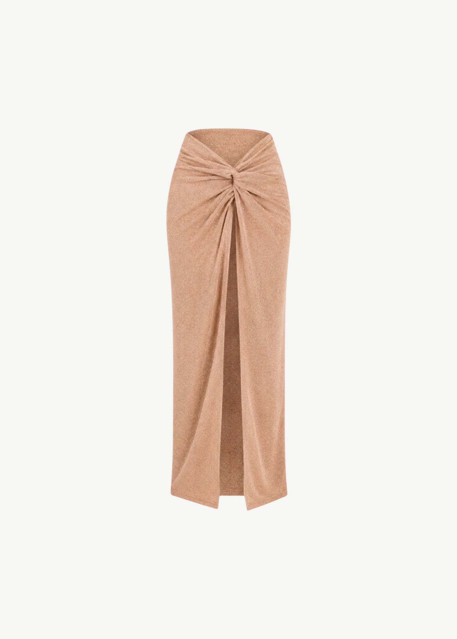 KABE SHOP INC Gwen wrap skirt in shimmering beige featuring a front knot detail and a high leg slit.
