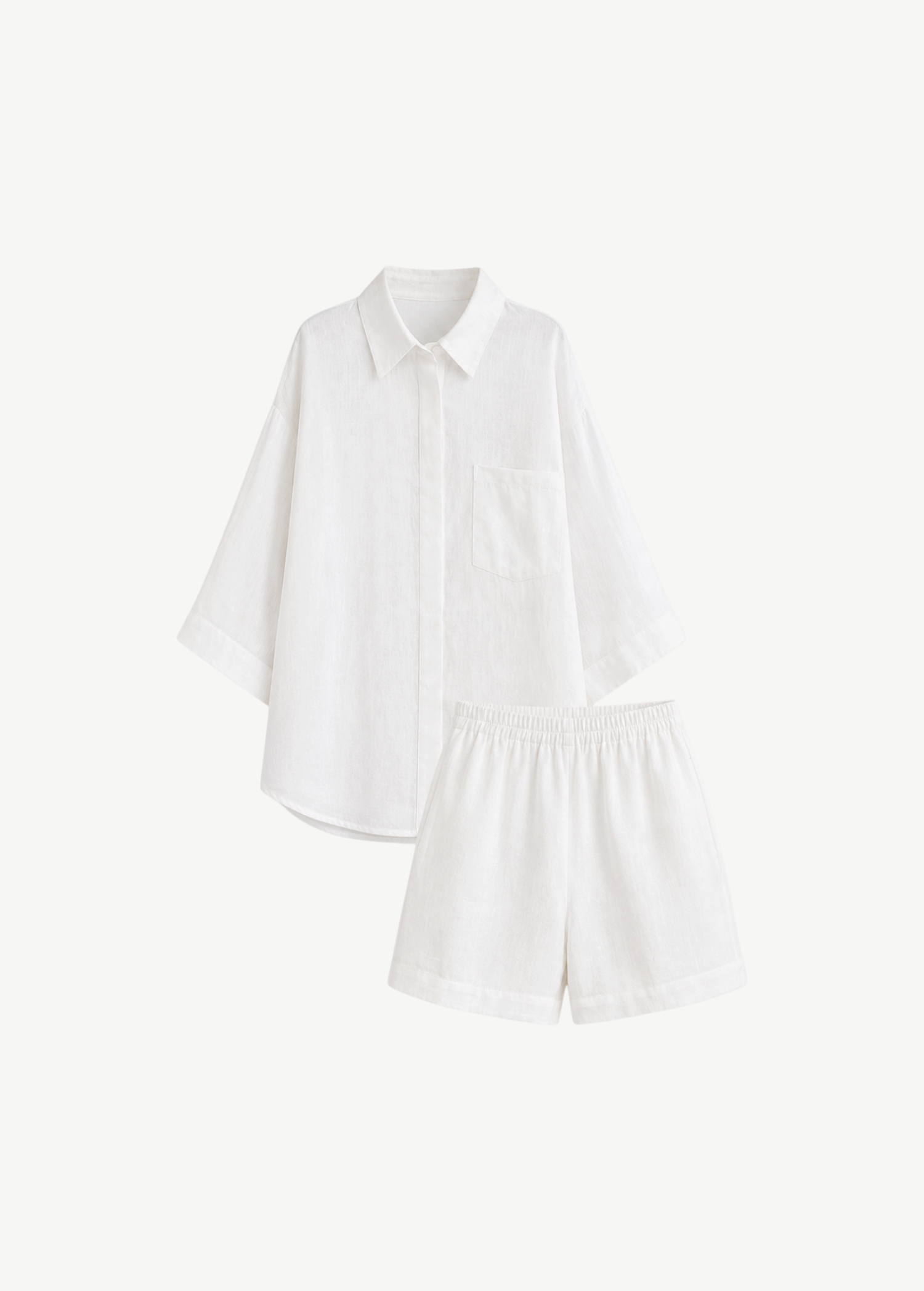 KABE SHOP INC 03 Set featuring an oversized white French linen shirt and matching loose boxer-style shorts.