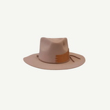 KABE SHOP INC handcrafted beige wool fedora hat with a tan leather accent and stitched detailing