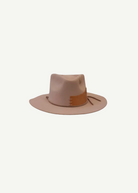 KABE SHOP INC handcrafted beige wool fedora hat with a tan leather accent and stitched detailing
