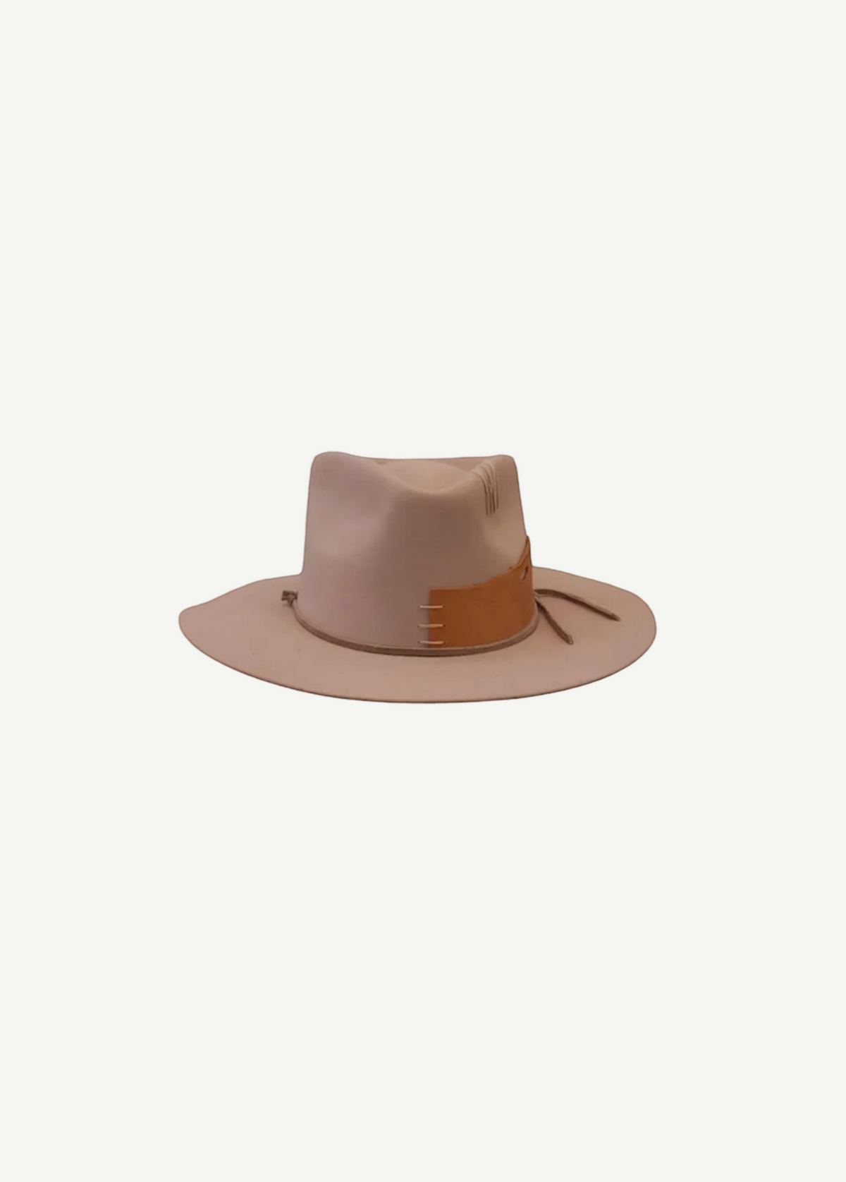 KABE SHOP INC handcrafted beige wool fedora hat with a tan leather accent and stitched detailing