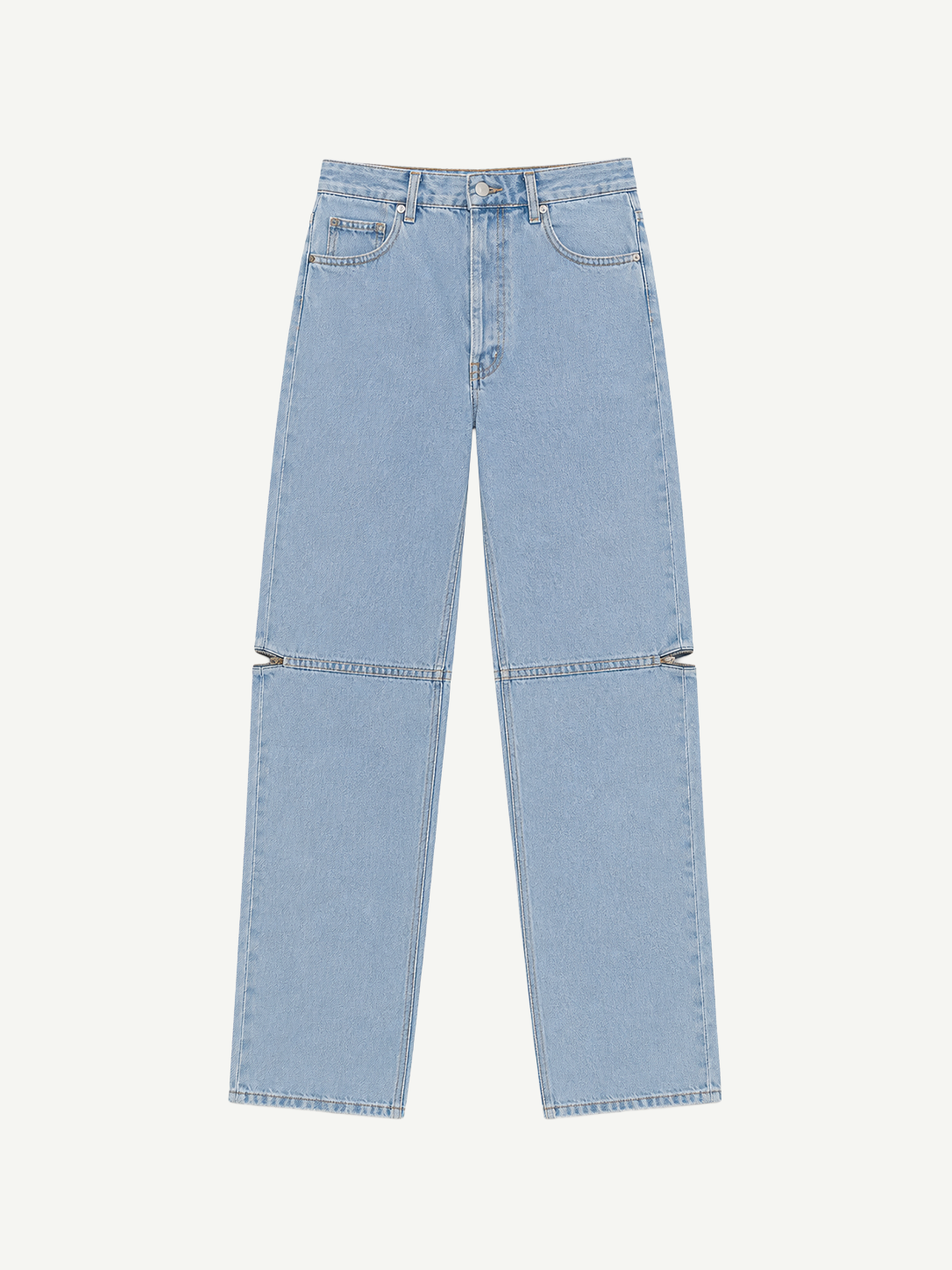 Cowgirl Jeans in light blue denim feature a straight-leg fit, custom hardware, and horizontal zippers at the knees that allow you to detach the lower legs—instantly transforming them into versatile shorts ideal for both horseback riding and everyday wear.