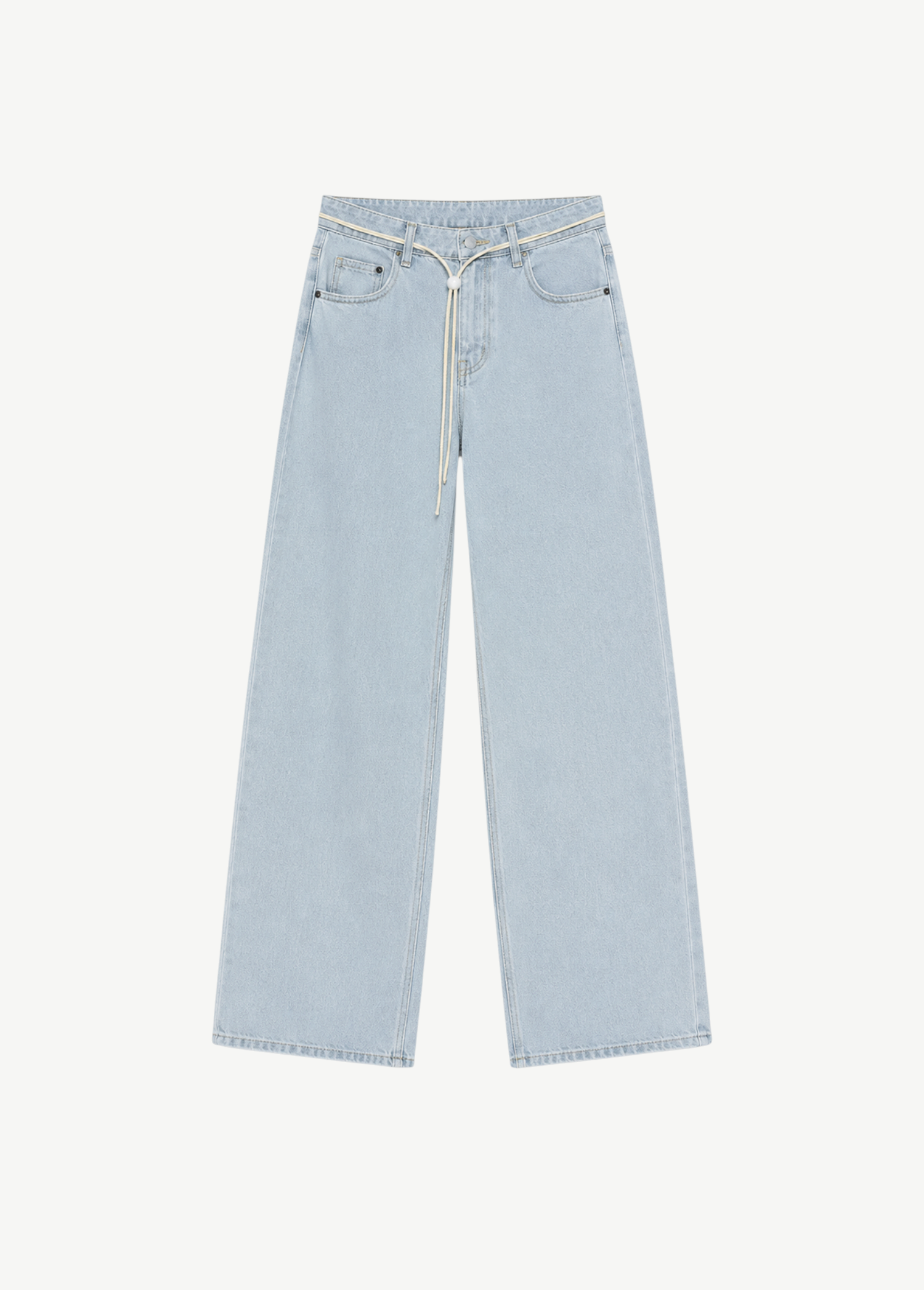 Cool Jeans in light blue boast a relaxed, wide-leg silhouette and are crafted from the softest denim. They feature a comfortable drawstring waistband, classic five-pocket styling, and are displayed flat on a white background.