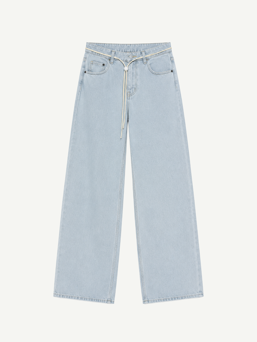 Cool Jeans in light blue boast a relaxed, wide-leg silhouette and are crafted from the softest denim. They feature a comfortable drawstring waistband, classic five-pocket styling, and are displayed flat on a white background.