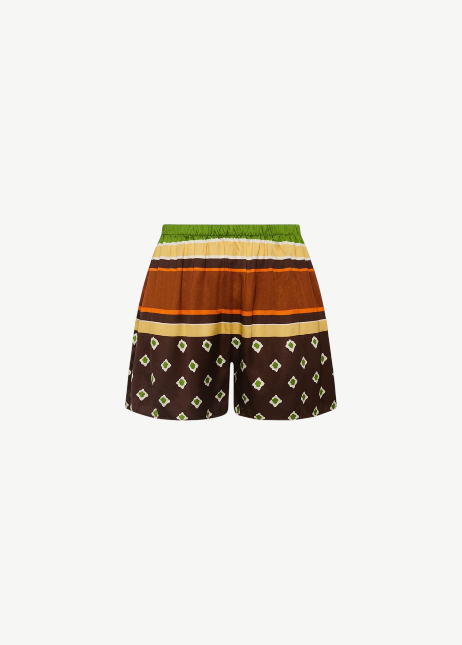 Tia Short mini shorts with an elastic-waist, featuring a green ribbed waistband above horizontal stripes in brown, orange, and cream, with a brown floral print on the lower section.