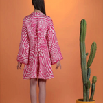 KABE SHOP INC Poccaa classic short kaftan in pink and white zebra print with mirror embellishments and lace-up back