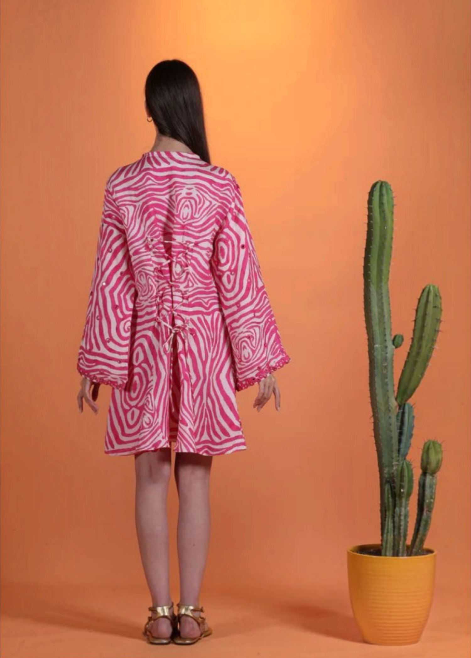 KABE SHOP INC Poccaa classic short kaftan in pink and white zebra print with mirror embellishments and lace-up back