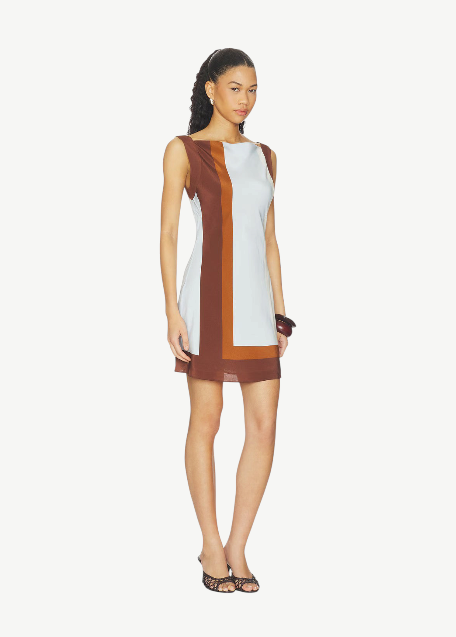 KABE SHOP INC Marais mini dress in silk chiffon with a brown and white geometric color block design