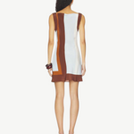 Back view of KABE SHOP INC Marais mini dress in silk chiffon with brown and light blue geometric color block pattern