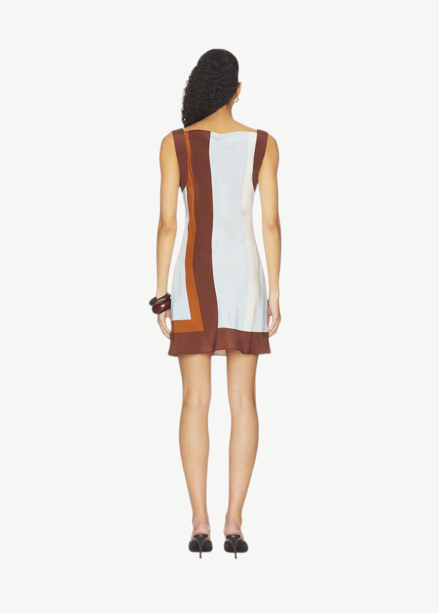 Back view of KABE SHOP INC Marais mini dress in silk chiffon with brown and light blue geometric color block pattern
