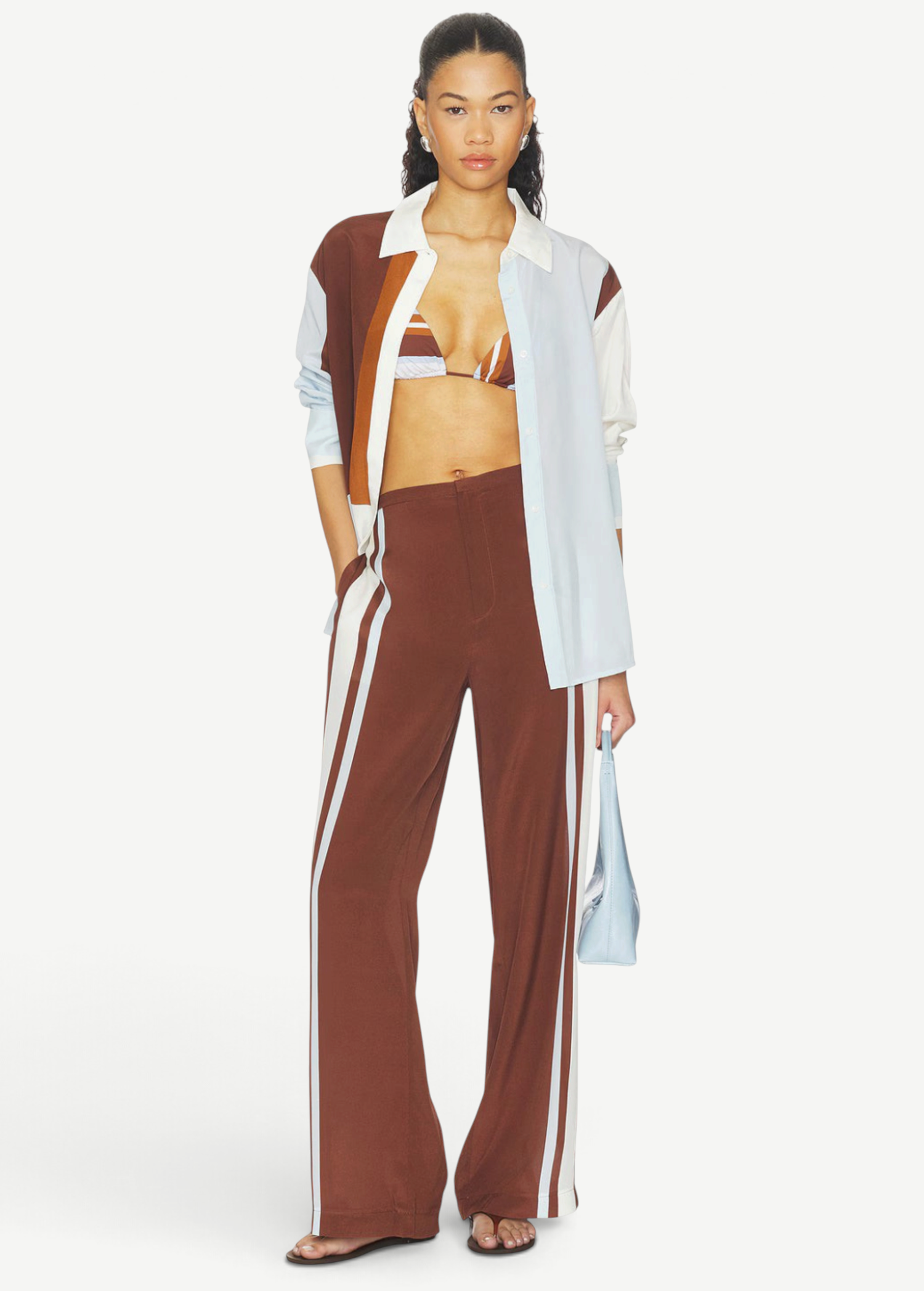 KABE SHOP INC Marais shirt in lightweight silk with a fluid button-front design, worn over a matching bikini top.
