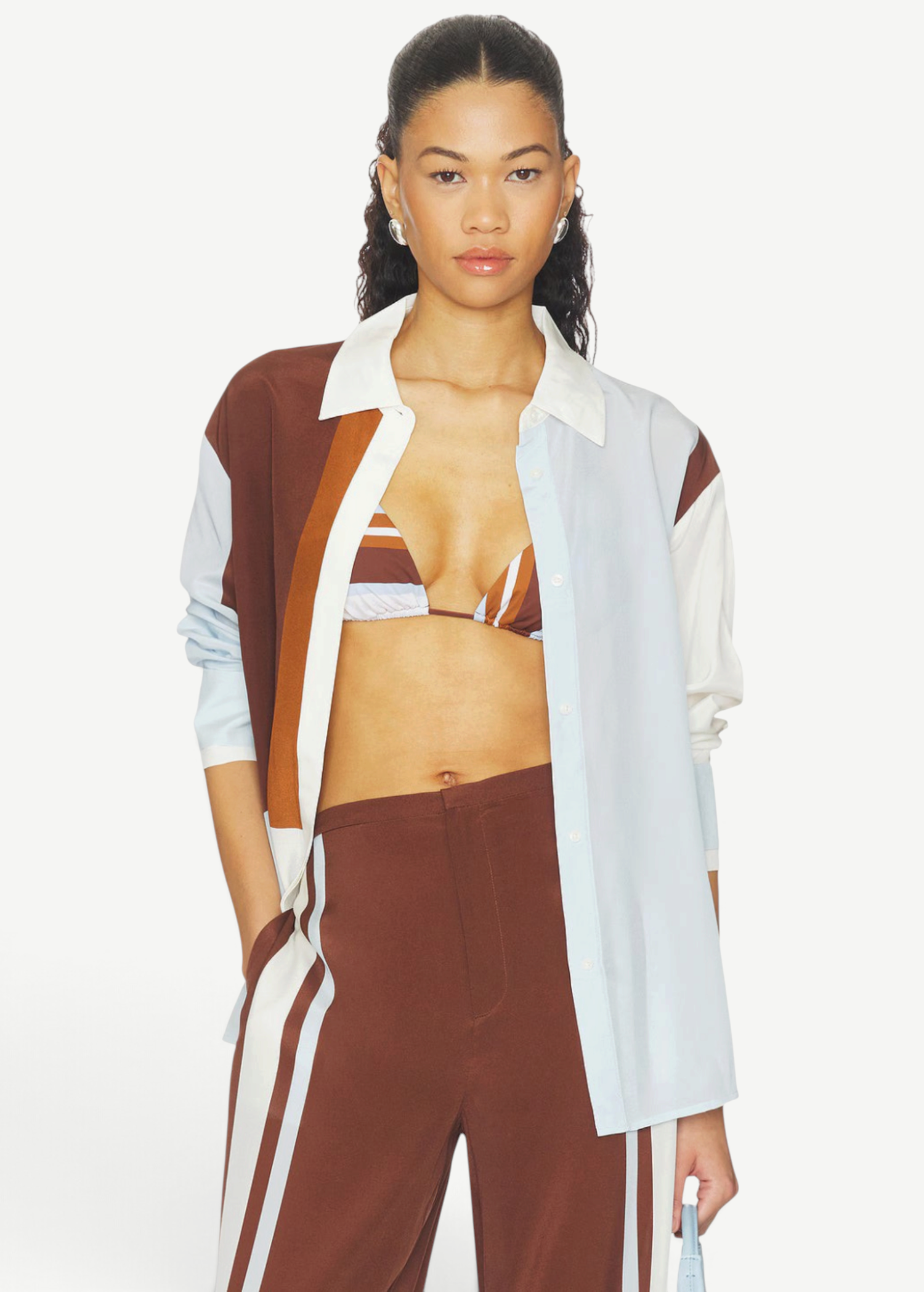 KABE SHOP INC Marais shirt in a fluid, lightweight silk and chiffon button-front design with a color-blocked pattern.