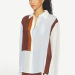 KABE SHOP INC Marais shirt in a fluid silk and chiffon blend with a brown, white, and light blue geometric pattern.