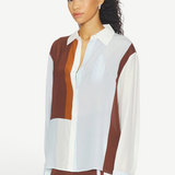 KABE SHOP INC Marais shirt in a fluid silk and chiffon blend with a brown, white, and light blue geometric pattern.
