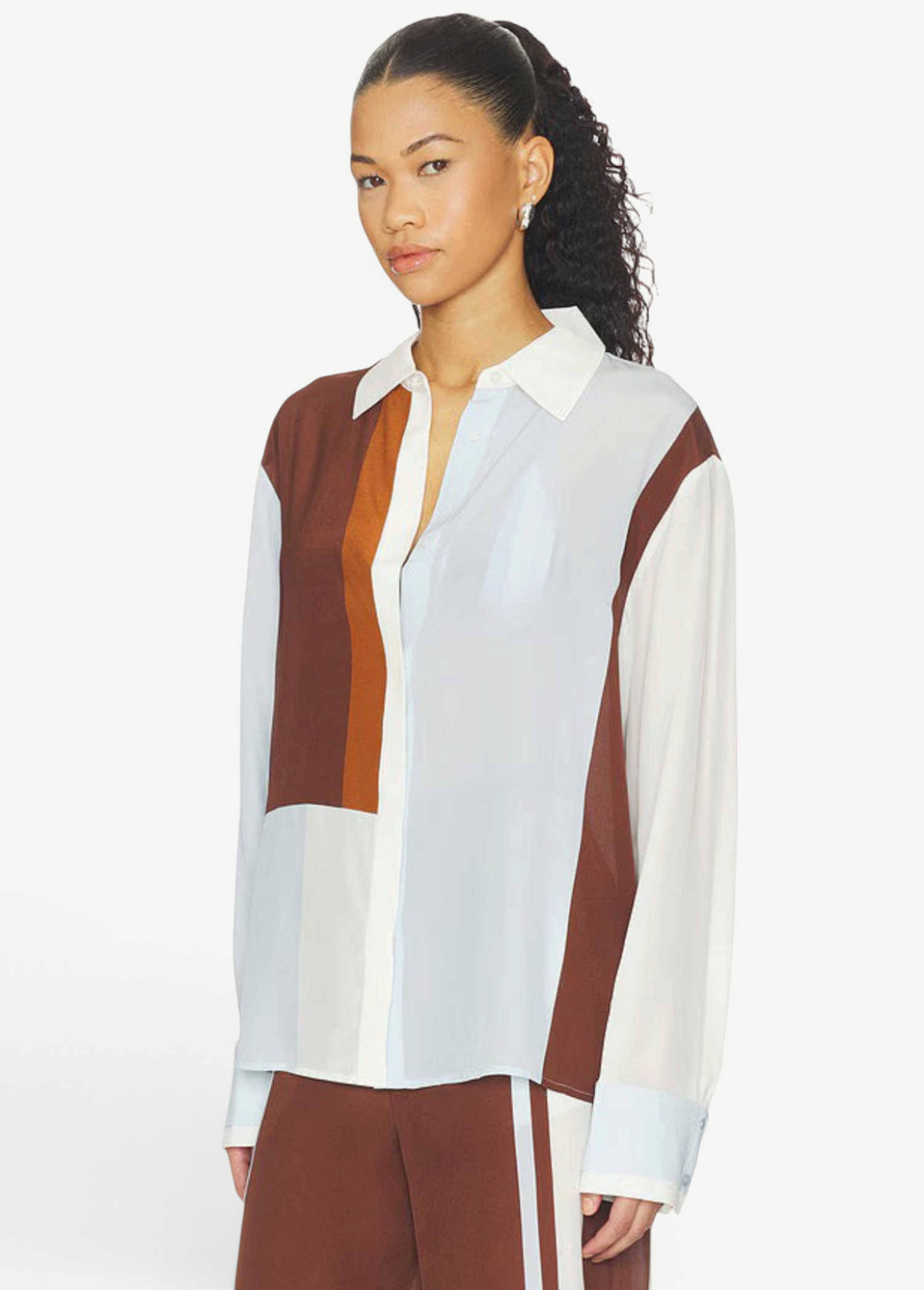 KABE SHOP INC Marais shirt in a fluid silk and chiffon blend with a brown, white, and light blue geometric pattern.
