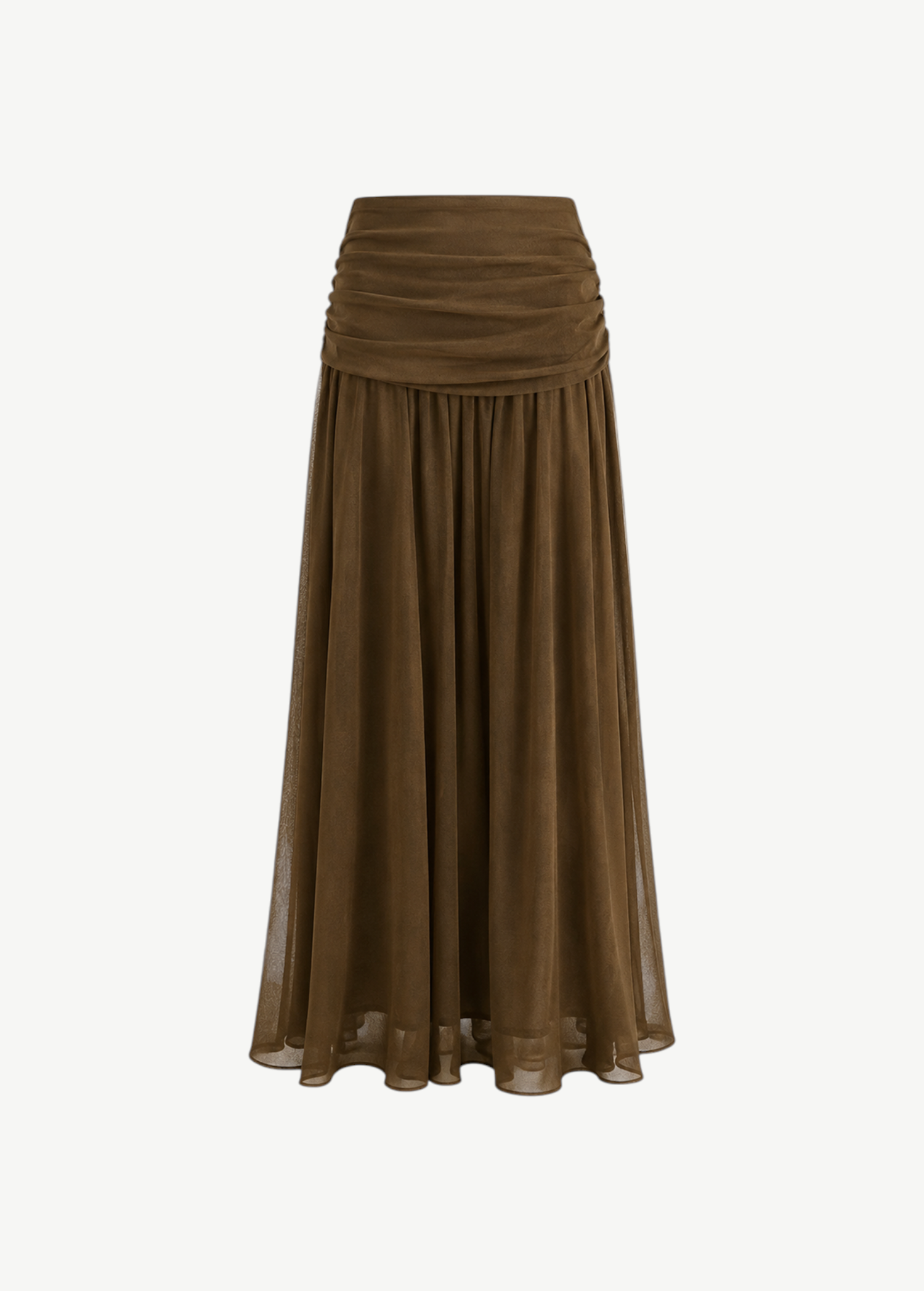 Agapito Skirt in brown, featuring a gathered, draped waistband and a sheer, pleated chiffon midi skirt that creates an elongated silhouette.