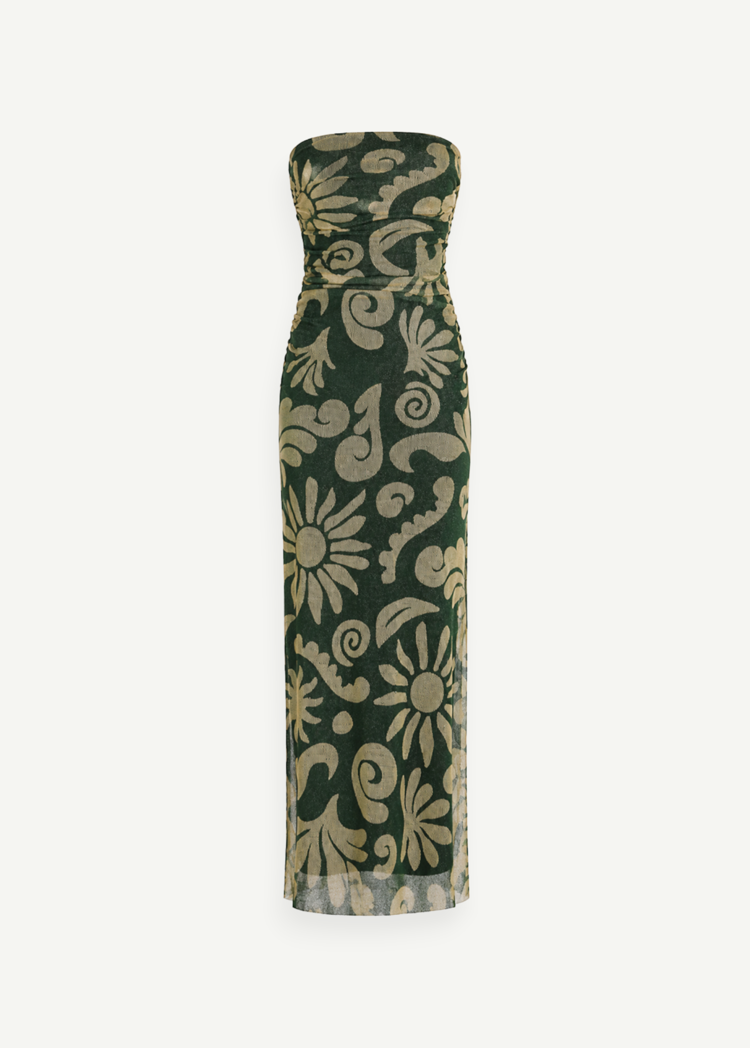 KABE SHOP INC Daphne strapless maxi dress in dark green and beige floral print with a side slit and lined bodice