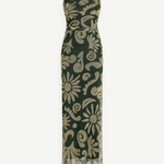 KABE SHOP INC Daphne strapless maxi dress in dark green and beige floral print with a side slit and lined bodice
