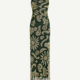 KABE SHOP INC Daphne strapless maxi dress in dark green and beige floral print with a side slit and lined bodice