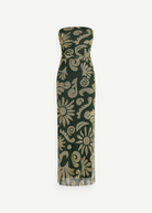 KABE SHOP INC Daphne strapless maxi dress in dark green and beige floral print with a side slit and lined bodice