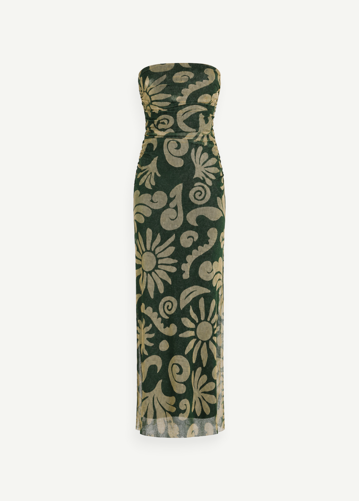 KABE SHOP INC Daphne strapless maxi dress in dark green and beige floral print with a side slit and lined bodice