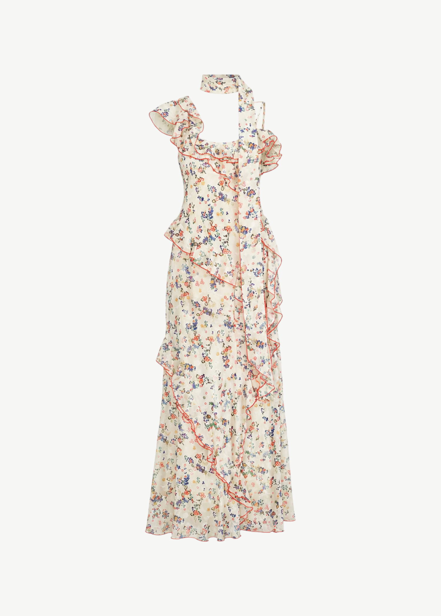 KABE SHOP INC Monica dress in cream floral print with ruffle trim and a matching detachable scarf