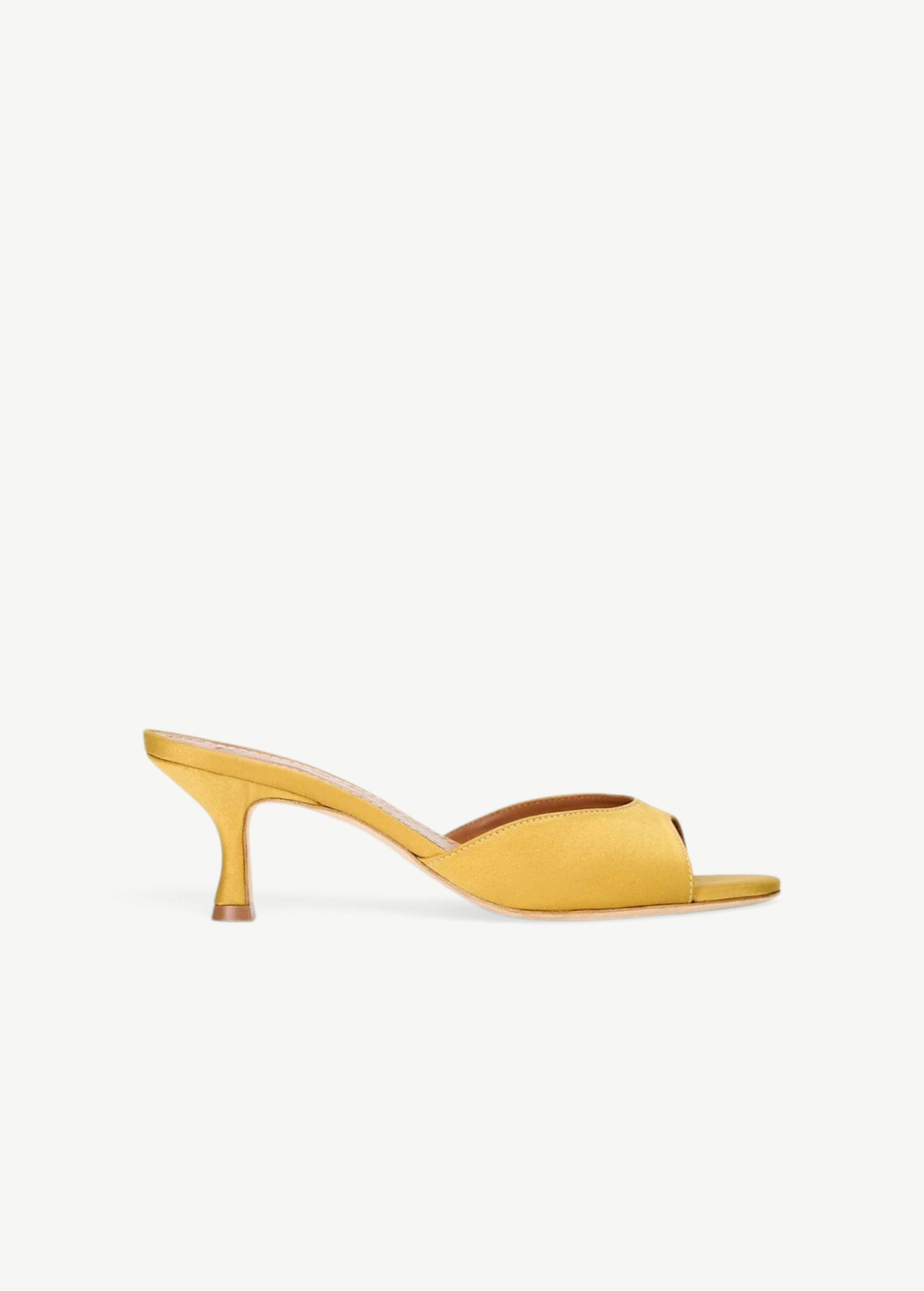 KABE SHOP INC Brigitte mule in mustard yellow satin with a sleek kitten heel and open-toe silhouette.