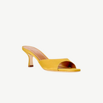 KABE SHOP INC Brigitte mule in mustard yellow satin with a refined kitten heel and open-toe silhouette.