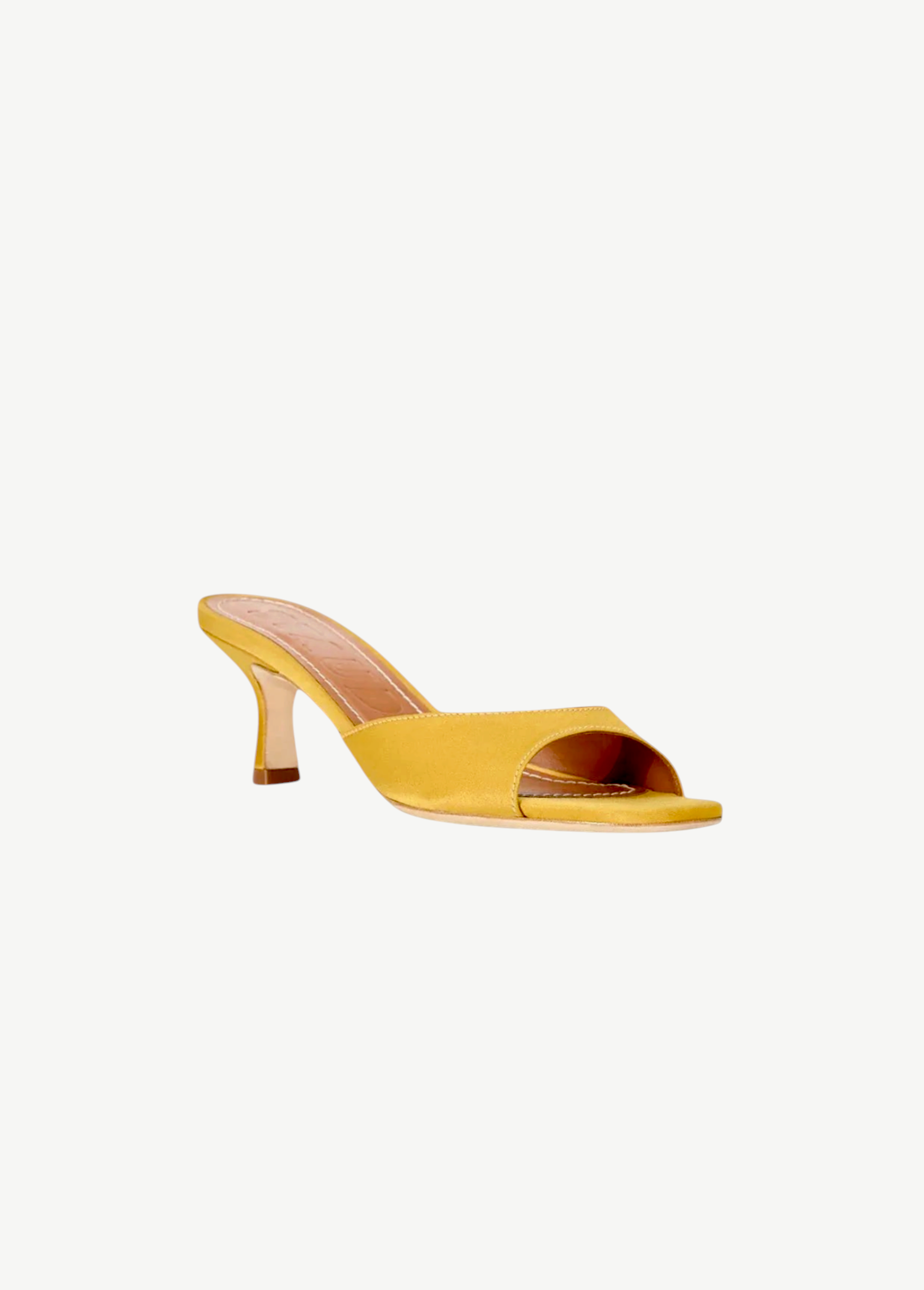 KABE SHOP INC Brigitte mule in mustard yellow satin with a refined kitten heel and open-toe silhouette.