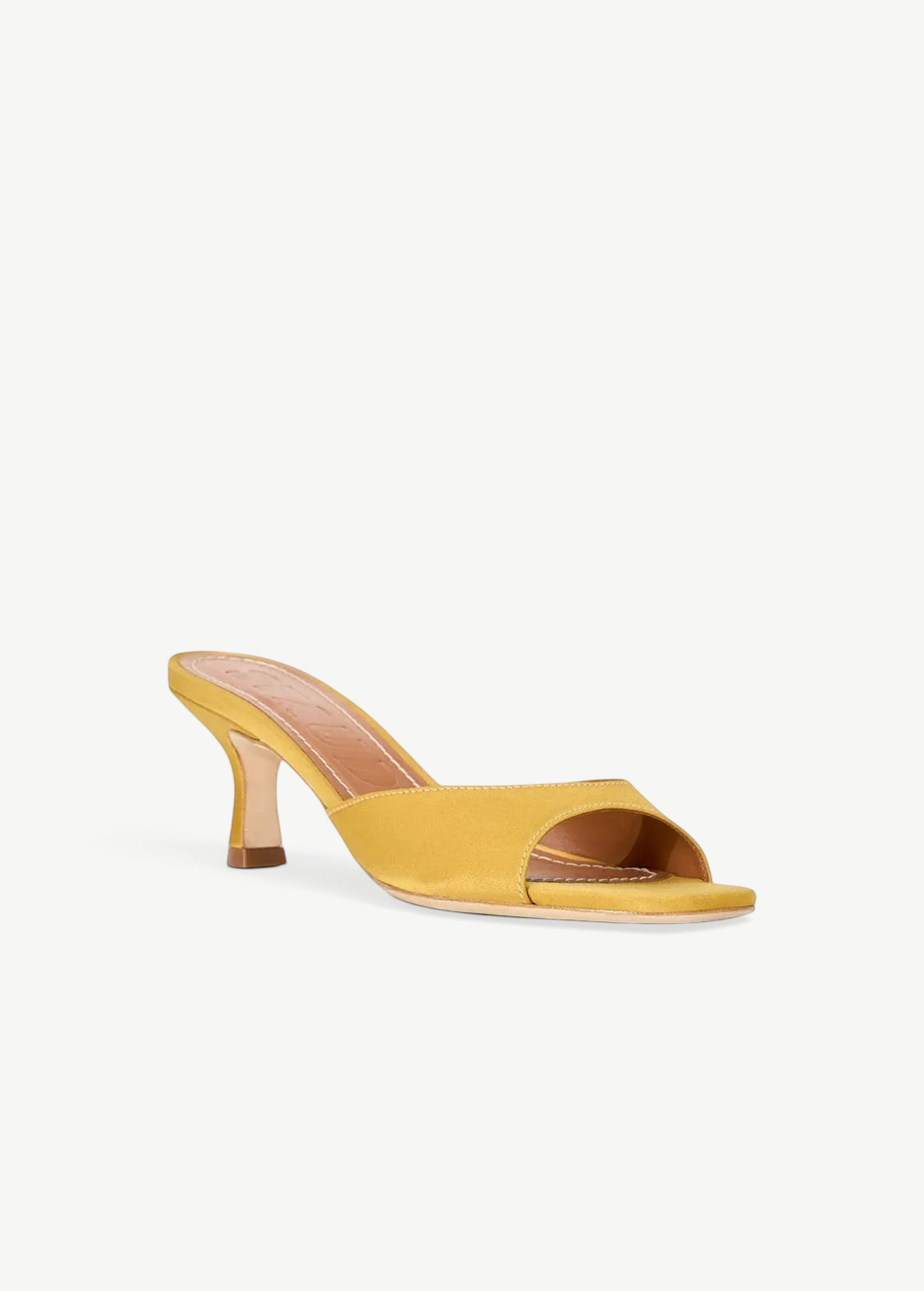 KABE SHOP INC Brigitte mule in mustard yellow satin with a refined kitten heel and open-toe silhouette.