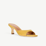 KABE SHOP INC Brigitte mule in mustard yellow satin with a refined kitten heel and open-toe silhouette.