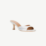 Silver metallic Brigitte Heel mule with an open-toe, low kitten heel, and a refined silhouette.