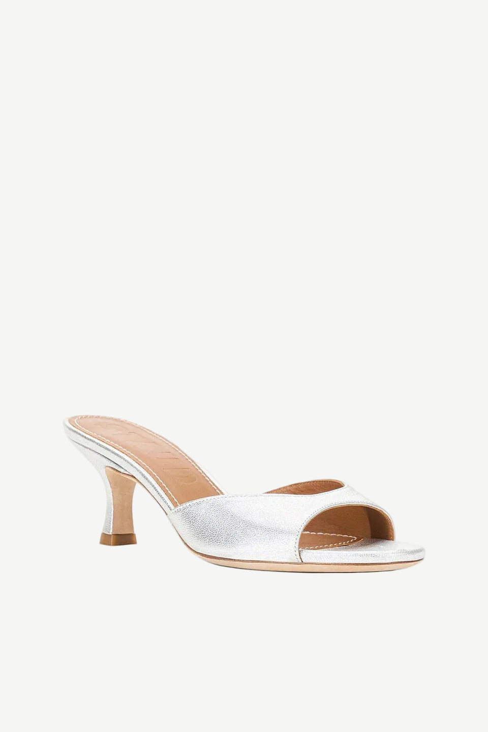 Silver metallic Brigitte Heel mule with an open-toe, low kitten heel, and a refined silhouette.