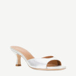 Silver metallic Brigitte Heel mule with an open-toe, low kitten heel, and a refined silhouette.