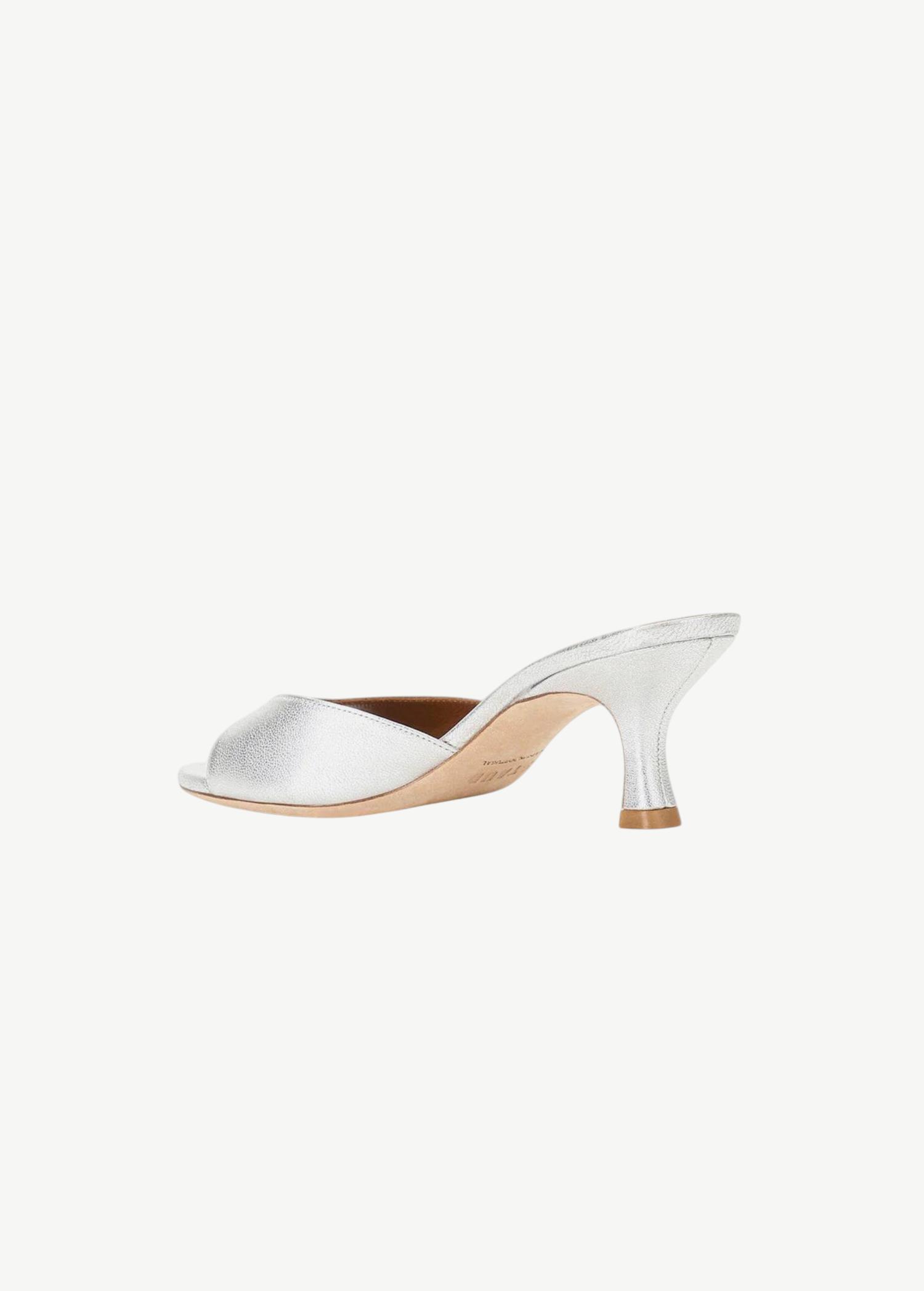 Silver metallic Brigitte Heel open-toe mule with a refined silhouette and a kitten heel.