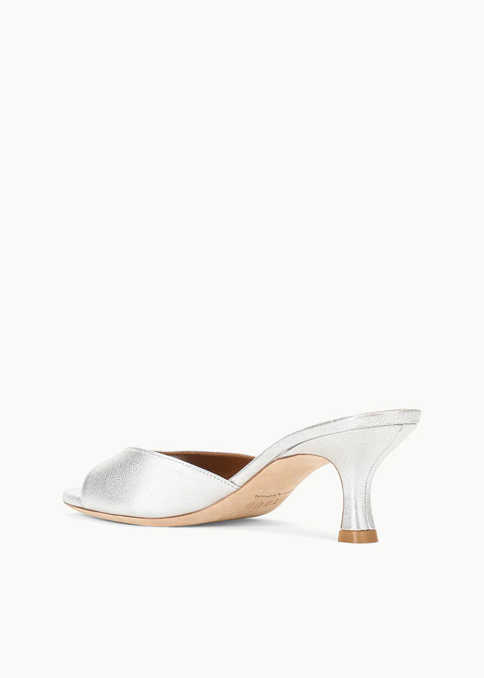 Silver metallic Brigitte Heel open-toe mule with a refined silhouette and a kitten heel.