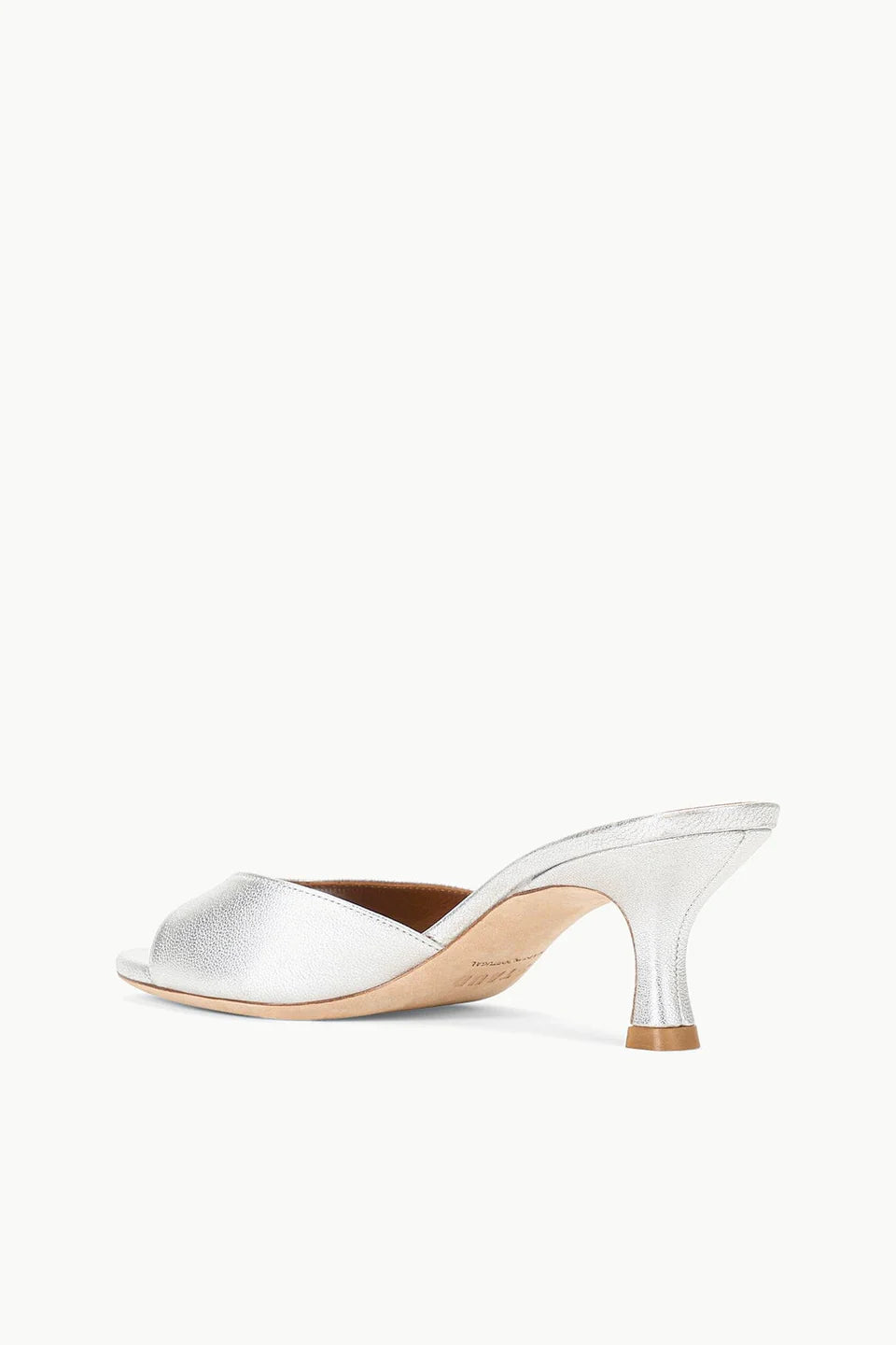 Silver metallic Brigitte Heel open-toe mule with a refined silhouette and a kitten heel.