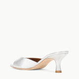 Silver metallic Brigitte Heel open-toe mule with a refined silhouette and a kitten heel.
