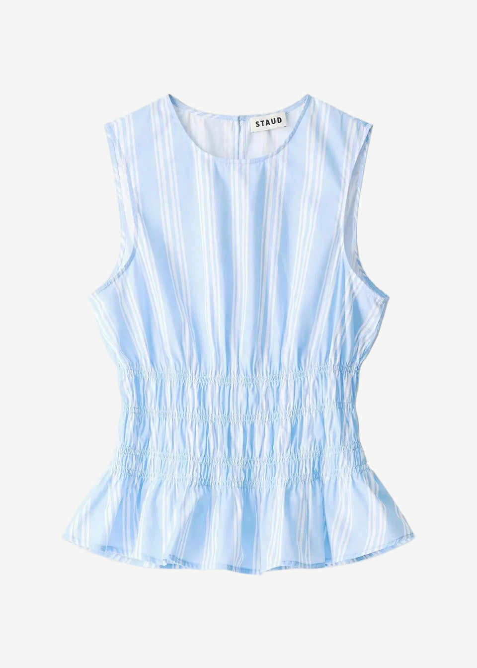 Culver Top in a light blue and white stripe, featuring a sleeveless silhouette with a ruched waist and a feminine peplum hem.