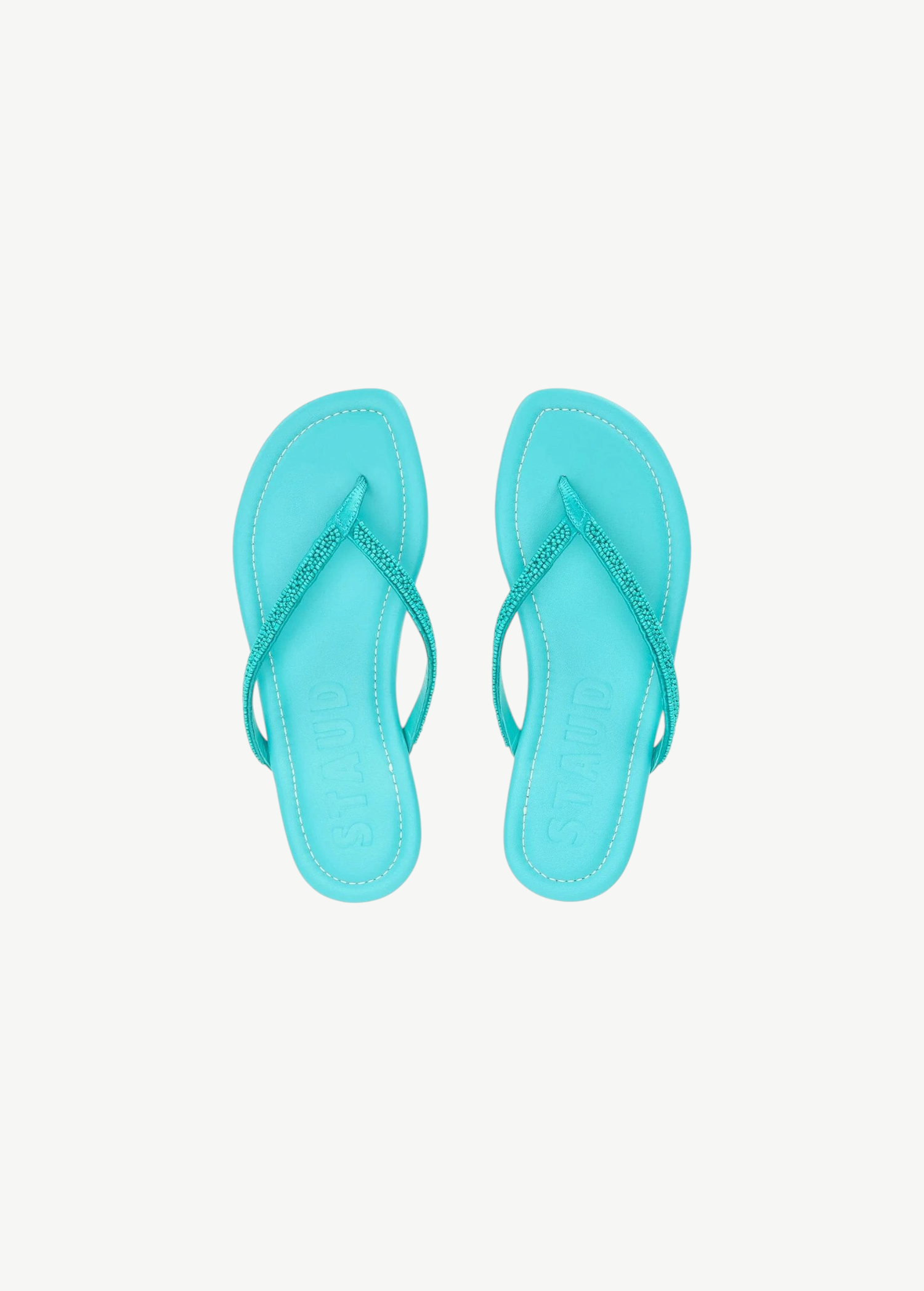 KABE SHOP INC Staud Freja turquoise leather thong sandals with beaded straps and embossed logo on footbed