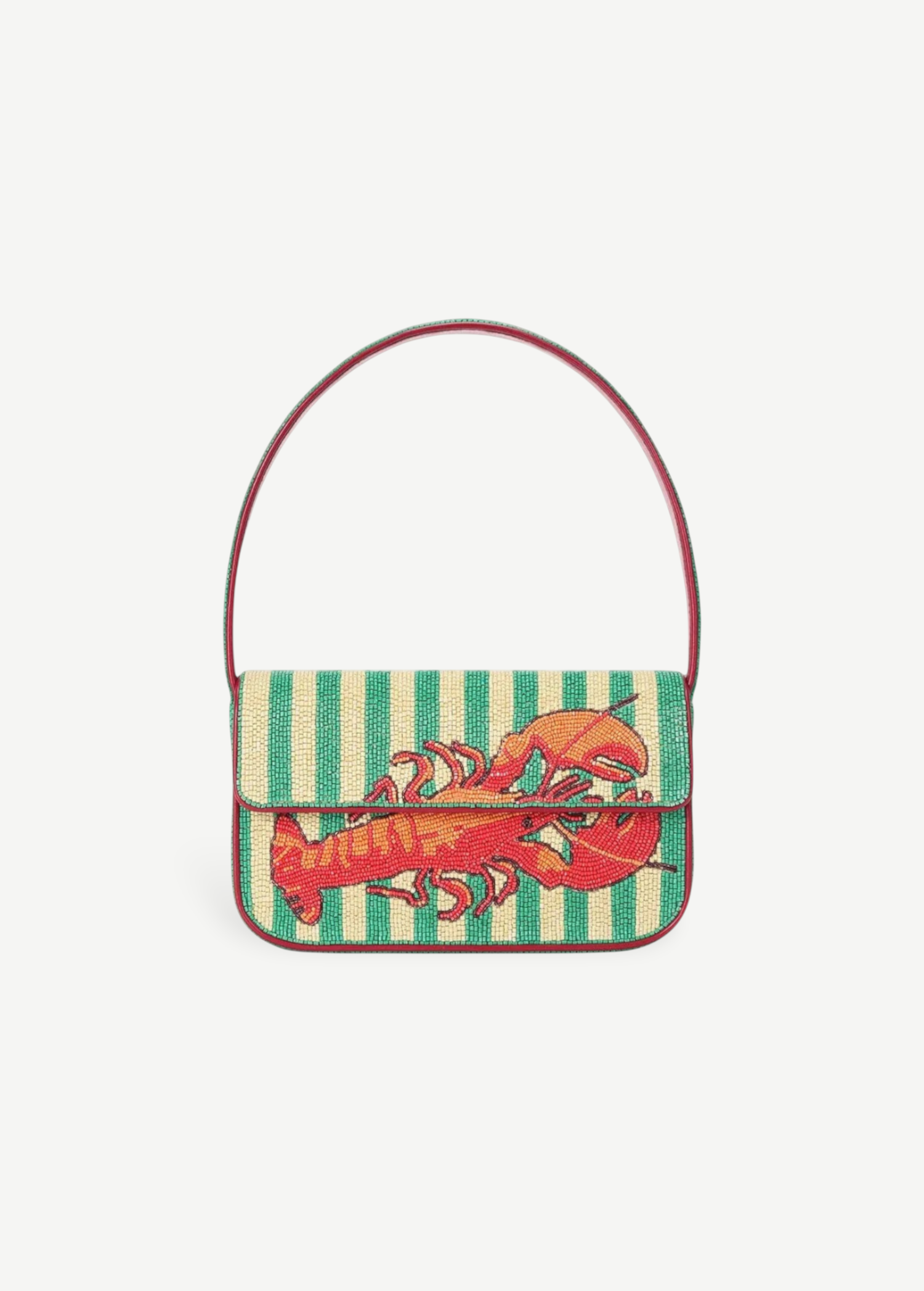 KABE SHOP INC Tommy shoulder bag featuring a beaded lobster design on a green and cream striped background