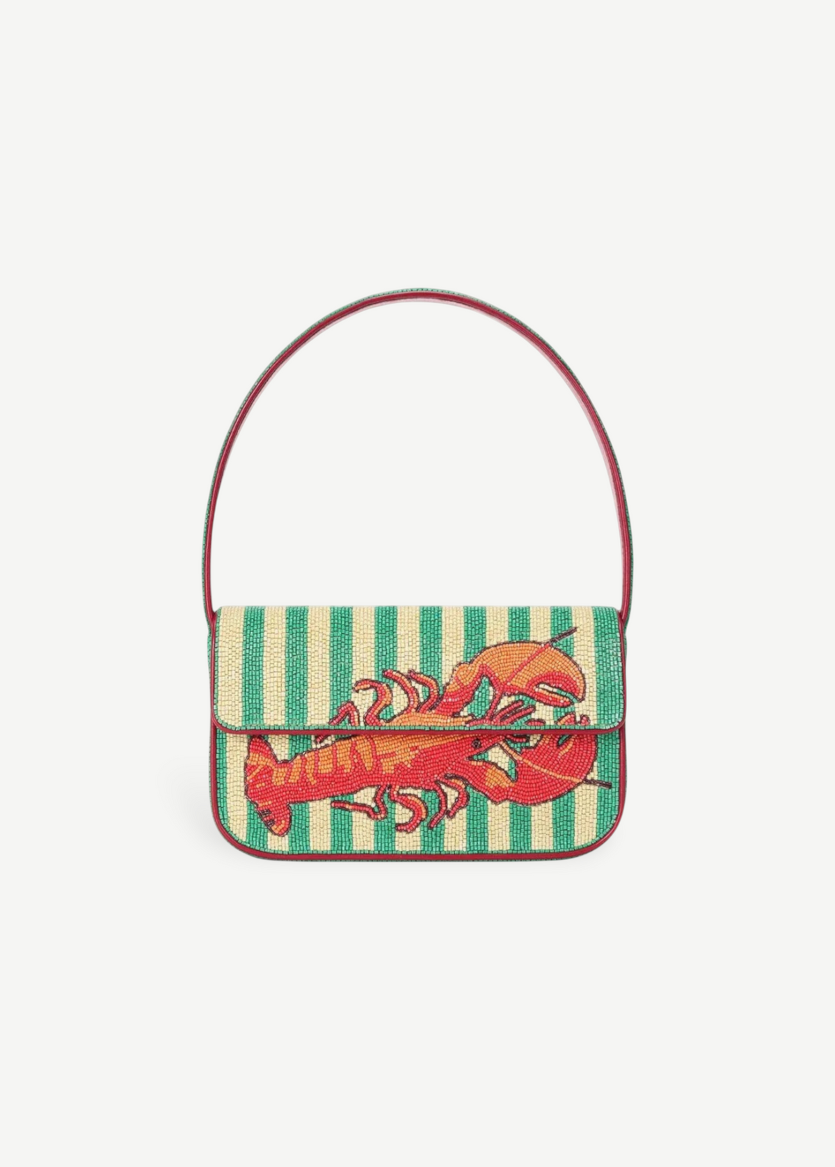 KABE SHOP INC Tommy shoulder bag featuring a beaded lobster design on a green and cream striped background