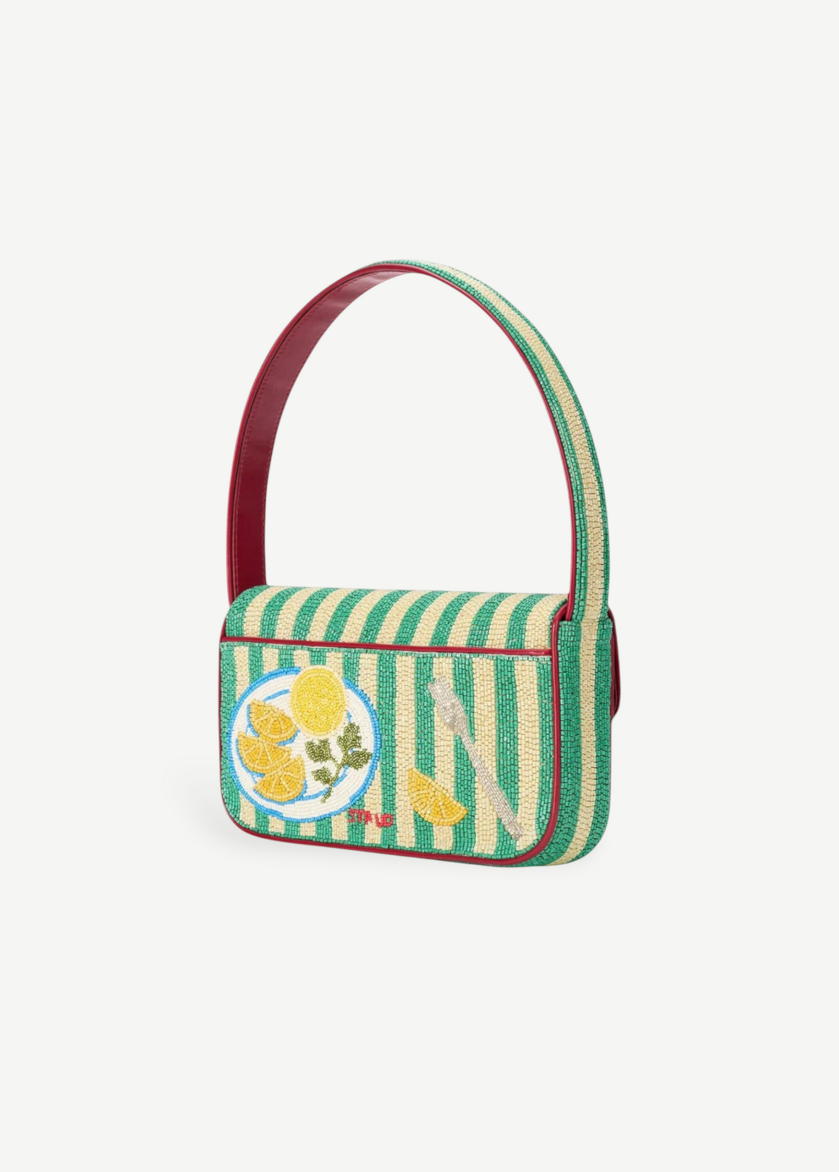 KABE SHOP INC Tommy shoulder bag featuring green and cream stripes with lemon plate beadwork and red trim